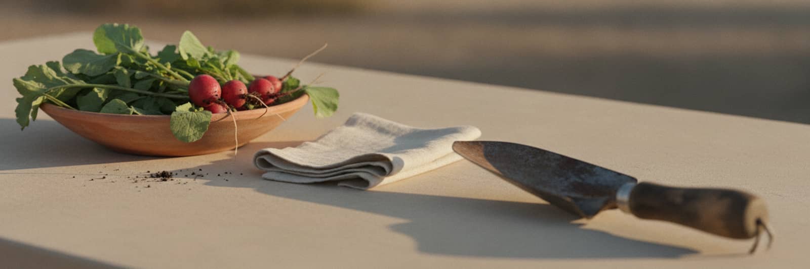 A shallow terracotta bowl of just-picked garden greens and radishes with soil still on them, a folded linen cloth, and a worn garden trowel on a bone stucco table in morning light.