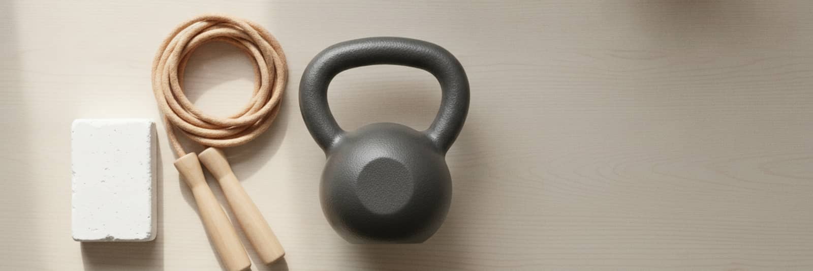 A kettlebell, a coiled jump rope with wooden handles, and a chalk block laid out on a light wood floor, seen from above.
