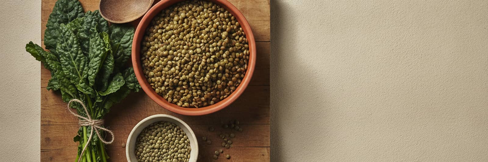 A bowl of cooked lentils, a small dish of dry lentils, a bundle of kale, and a wooden spoon on a worn cutting board.