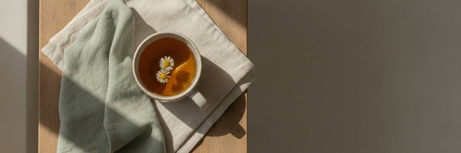 A cup of chamomile tea resting on folded linen napkins on a wooden table, in a slant of afternoon light.